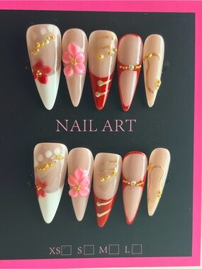 Stiletto Nail Set - Nude with Pink & Red Floral Accents Large